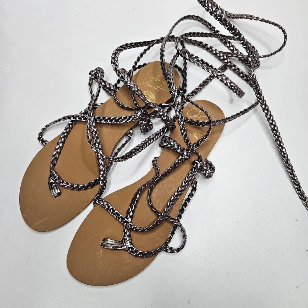 Colin Stuart Braided Gladiator Ankle Wrap Sandals 5 Silver VS